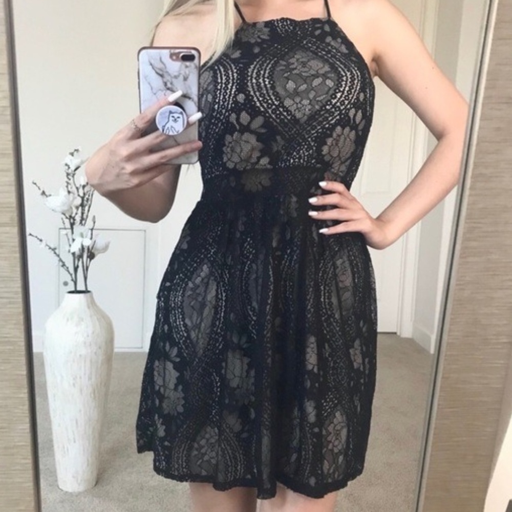 NWOT Francesca’s Black Nude Lace Halter Dress